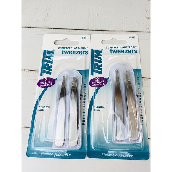 2x Trim Compact Slant/ Point Stainless Steel Tweezers Set New - Picture 1 of 5